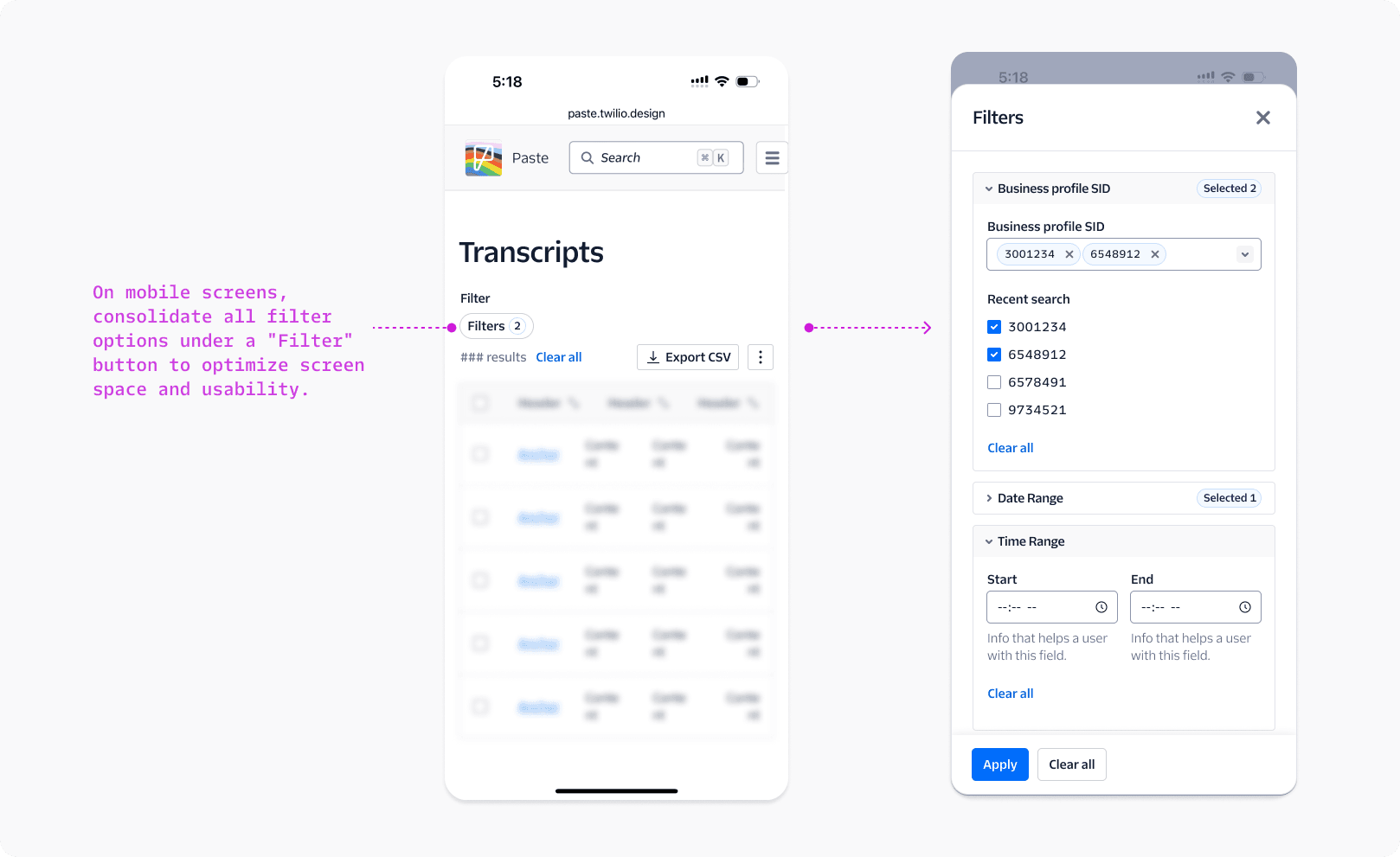 On smaller screens, filter modal will take full width